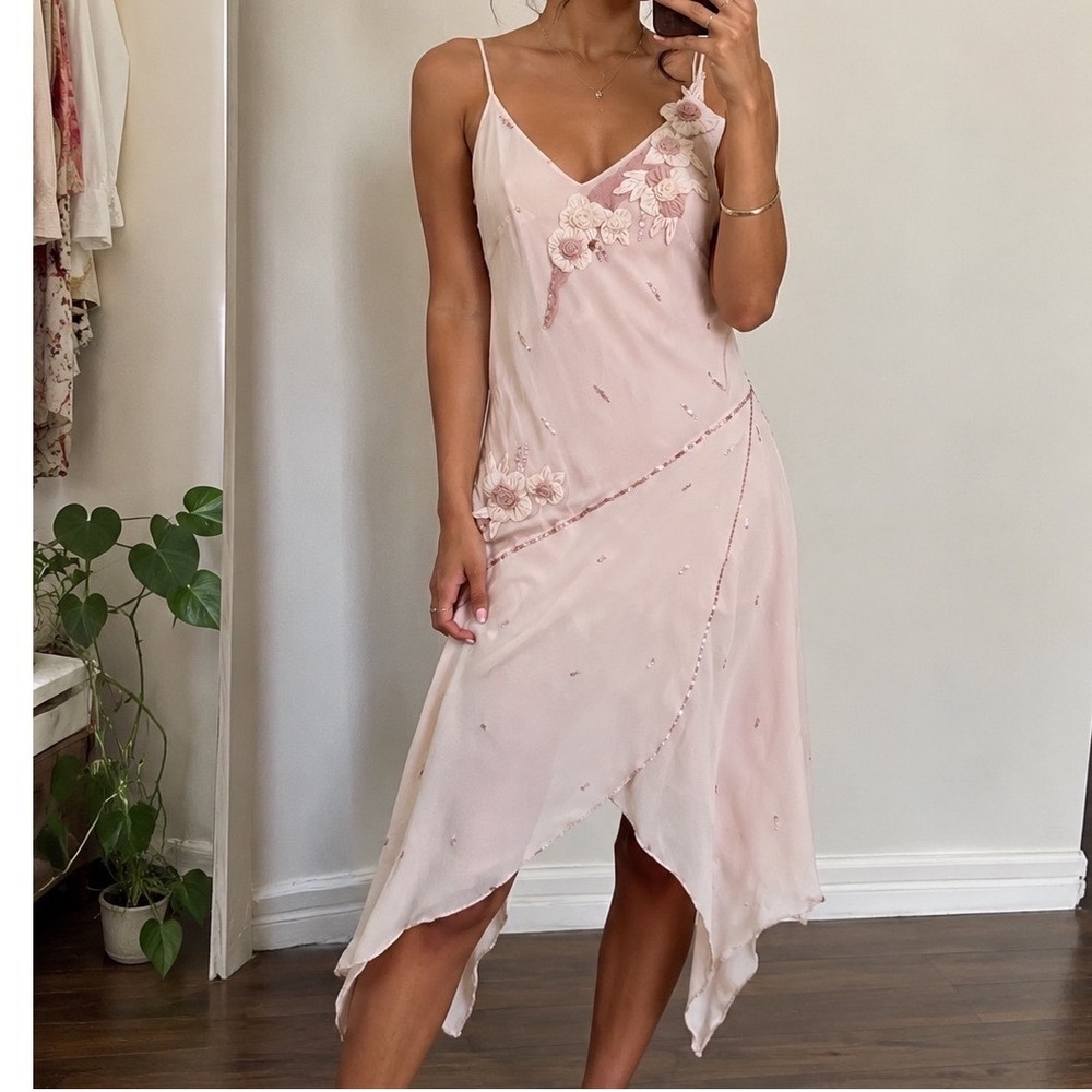 Sue Wong Silk Fairy Gown Pink 3D Floral beaded Handkerchief Hem Dress 4 whimsy
